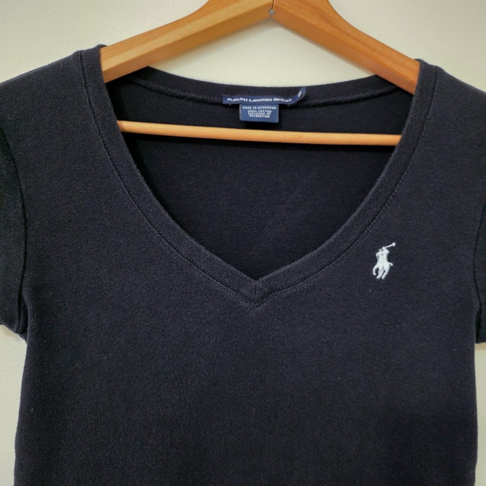 Vintage Ralph Lauren Sport Baby Tee Sz M V Neck Pony Logo Y2KFitted Top Preppy - Picture 2 of 11